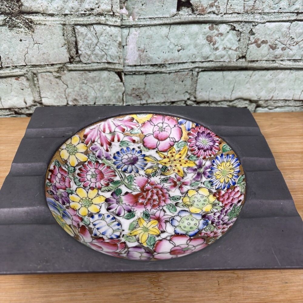 Hand painted Vtg Pewter Ashtray Trinket Japan Hong Kong Mille Fleur Canton Ware